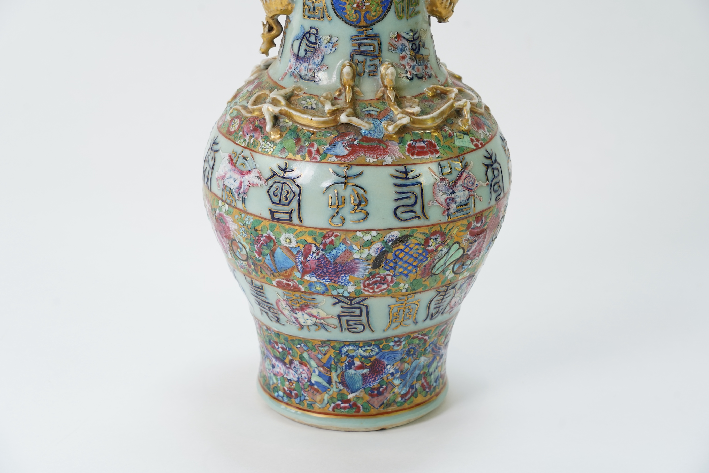 A Chinese celadon ground famille rose ‘Hundred Shou’ vase, 19th century